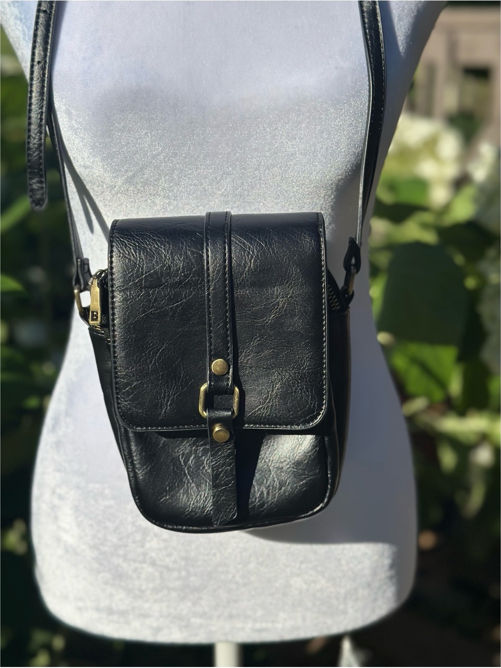 Antik Kraft Compact Black Faux Leather Crossbody Bag with Brass Hardware